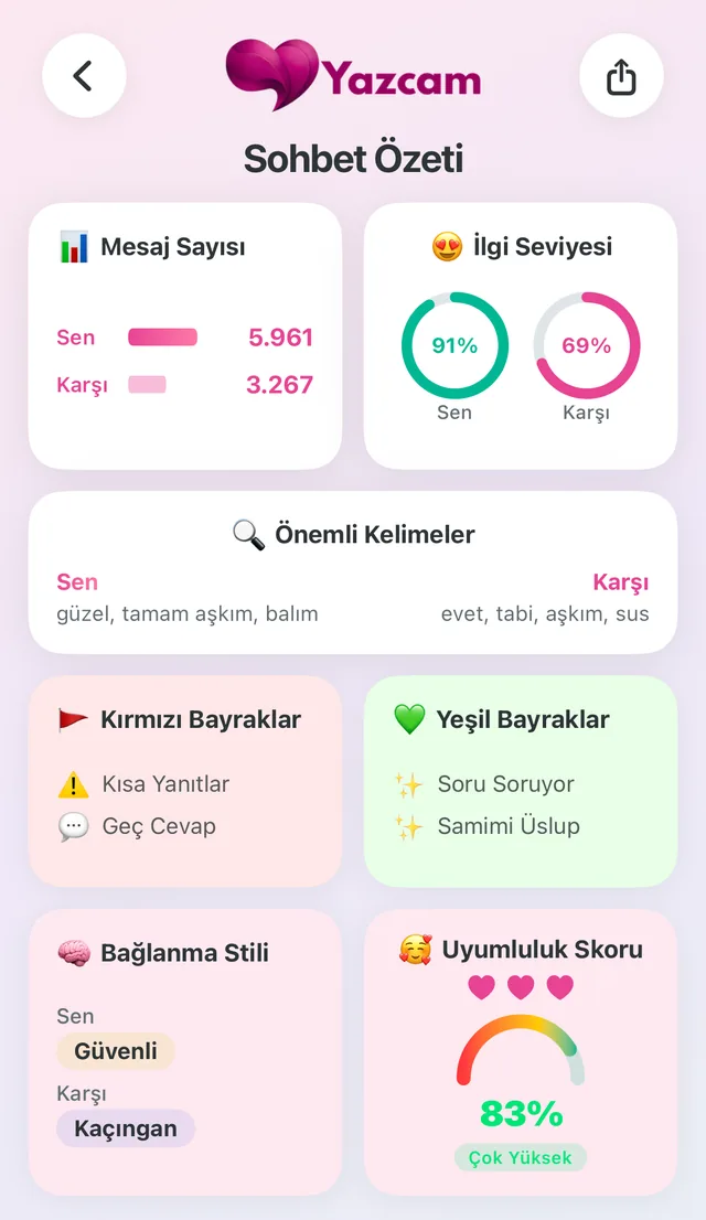 Yazcam chat summary screen: interest level, red and green flags, attachment style and compatibility score