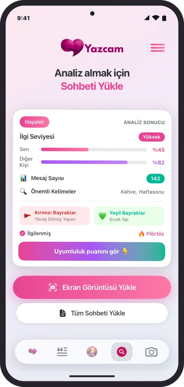 Android telefonda Yazcam Analiz ekranı: sohbeti yükle, ilgi seviyesini ve bayrakları gör