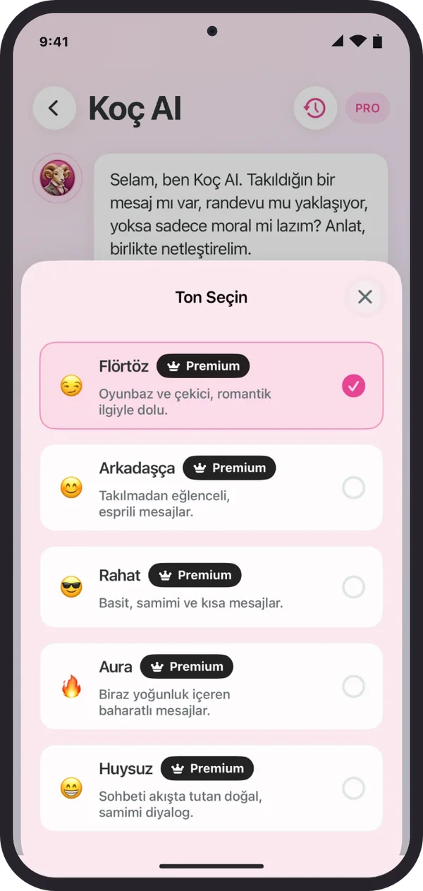 Android telefonda Yazcam Koç AI ton seçimi: Flörtöz, Arkadaşça, Rahat, Aura, Huysuz