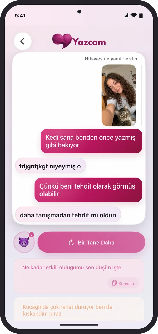 Android telefonda Yazcam yanıt ekranı: hikâyeye verilen yanıt, Bir Tane Daha düğmesi ve yanıt önerileri